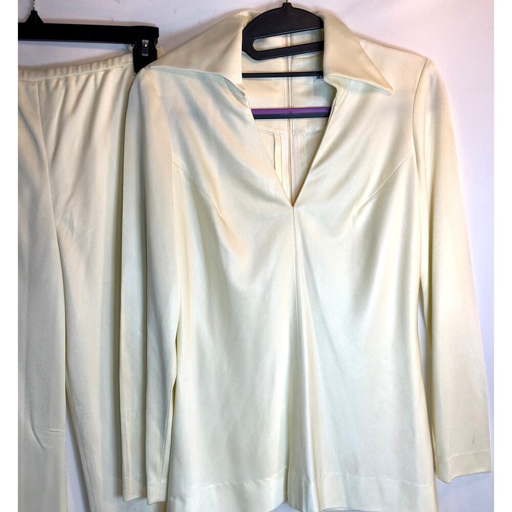 Vintage Manning Silver Cream Pantsuit Set | 70s Disco Blouse & Pants | Y2K Vibes